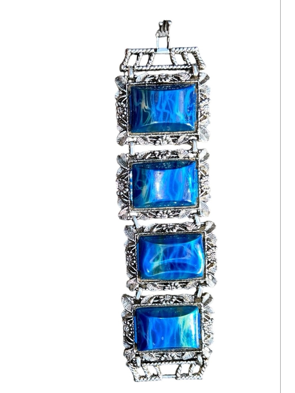 Whimsigoth Chunky Vintage Statement Bracelet  Blue Stones Scroll Work SilverTone - Picture 2 of 12